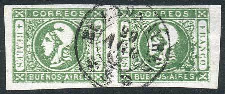 ARGENTINA GJ.16, 4R Dark Green Worn Impression, Beautiful Horizontal Pair With B - Buenos Aires (1858-1864)