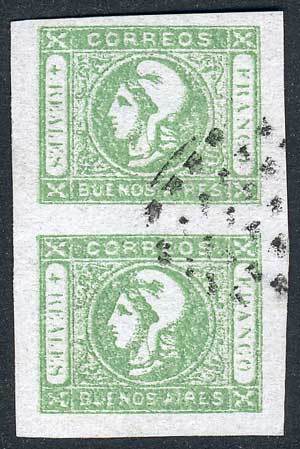 ARGENTINA GJ.16, 4R. Bright Green Worn Impression, Beautiful Vertical Pair With - Buenos Aires (1858-1864)