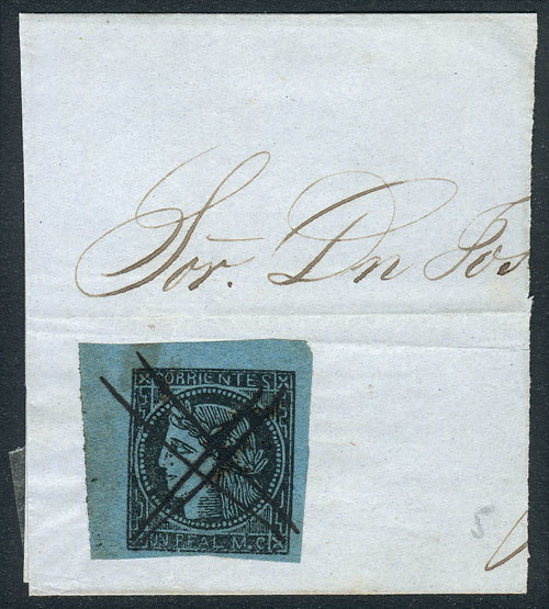ARGENTINA GJ.1, Un Real Blue, Beautiful Type 6 Example On Fragment, With Pen Can - Corrientes (1856-1880)