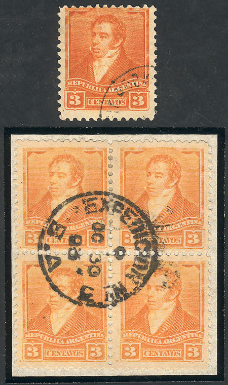 ARGENTINA GJ.140A, The Extremely Rare 3c. Orangish YELLOW, Used Block Of 4, Exce - Otros & Sin Clasificación