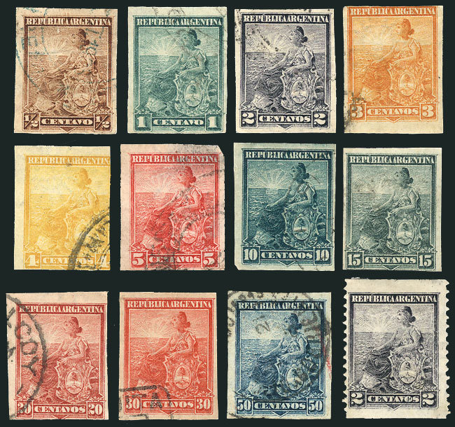 ARGENTINA Stockcard With 11 Used IMPERFORATE Stamps Of The Seated Liberty Issue, - Autres & Non Classés