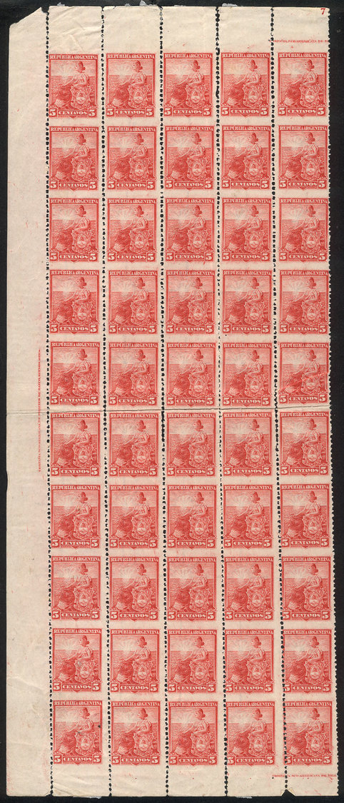 ARGENTINA GJ.222PH, 5c. Seated Liberty, Block Of 50 IMPERFORATE HORIZONTALLY Var - Autres & Non Classés