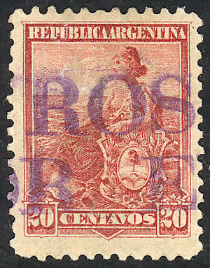 ARGENTINA "GJ.229, 20c. Liberty, With Violet 2-line Cancel Of ""ROSARIO POR EXPR - Autres & Non Classés