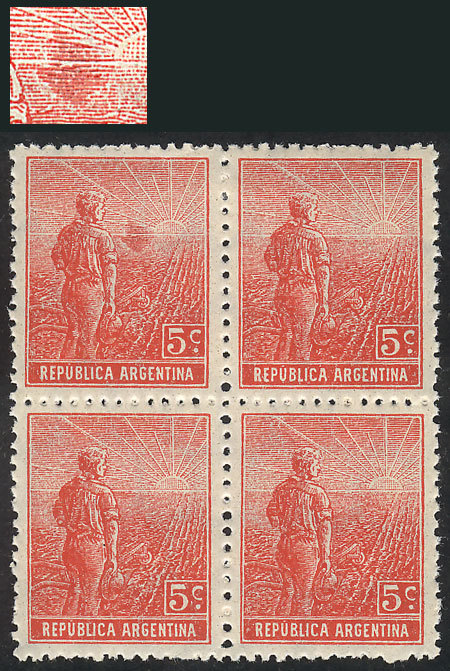 ARGENTINA GJ.342, 1912 5c. Plowman, Block Of 4, One With LARGE RETOUCH In The Ba - Sonstige & Ohne Zuordnung