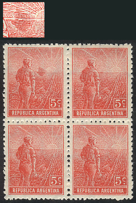 ARGENTINA GJ.342, 1912 5c. Plowman, Block Of 4, One With LARGE RETOUCH In The Ba - Autres & Non Classés