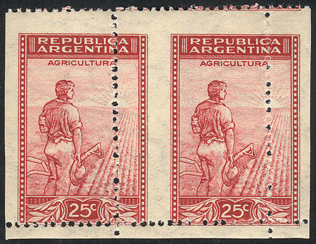 ARGENTINA GJ.756, 20c. Plowman, Pair With DRAMATICALLY SHIFTED PERFORATION, Spec - Other & Unclassified