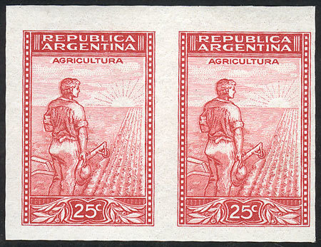 ARGENTINA GJ.766, 25c. Plowman Printed On Chalky Paper, IMPERFORATE PAIR, MNH, E - Autres & Non Classés