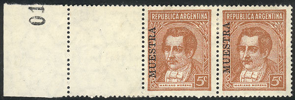 ARGENTINA GJ.795CB, 5c. Moreno, Pair With White Label At Left, And MUESTRA Ovpt. - Autres & Non Classés