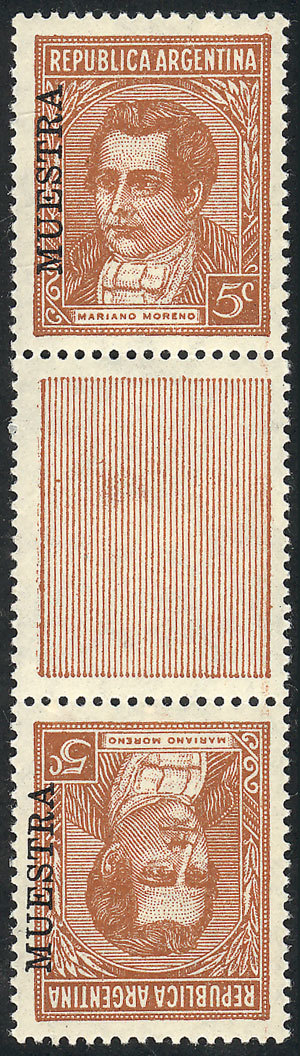 ARGENTINA GJ.795TH, 5c. Moreno, Tete-beche Pair With Decorated Horizontal Gutter - Autres & Non Classés