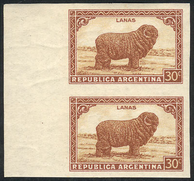 ARGENTINA GJ.809P, 30c. Sheep, Unwatermarked Thick Paper, IMPERFORATE PAIR With - Autres & Non Classés