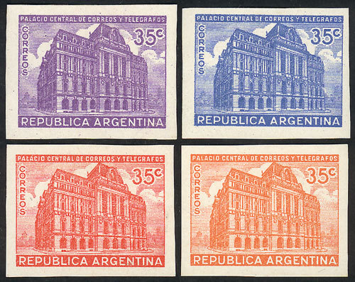 ARGENTINA GJ.885, 1942 35c. Post Office, 4 TRIAL COLOR PROOFS On Paper With Glaz - Other & Unclassified