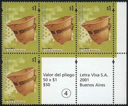 ARGENTINA GJ.3094bCO3, 2000/8 1P. Aboriginal Cultures, Block Of 4 Stamps And 2 L - Autres & Non Classés