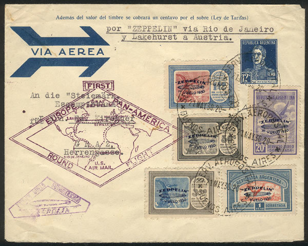 ARGENTINA "GJ.660/664, Zeppelin Complete Set With Blue Overprint Franking A Cove - Aéreo