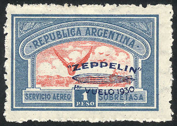 ARGENTINA GJ.662, 1P. Zeppelin With Blue Overprint, With VARIETY: Shifted Overpr - Airmail