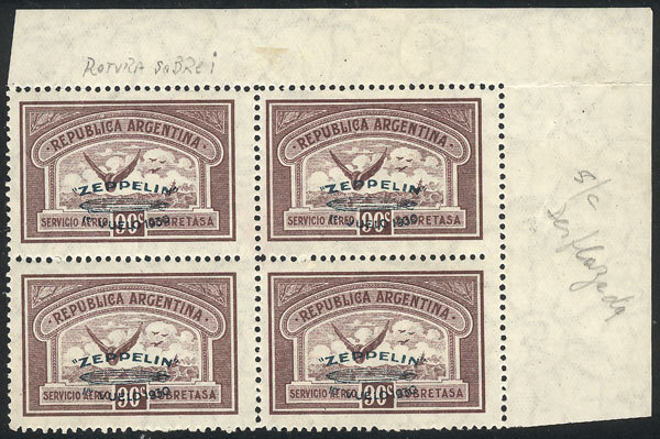 ARGENTINA "GJ.667, 90c. Zeppelin With Green Overprint, Corner Block Of 4 With VA - Poste Aérienne