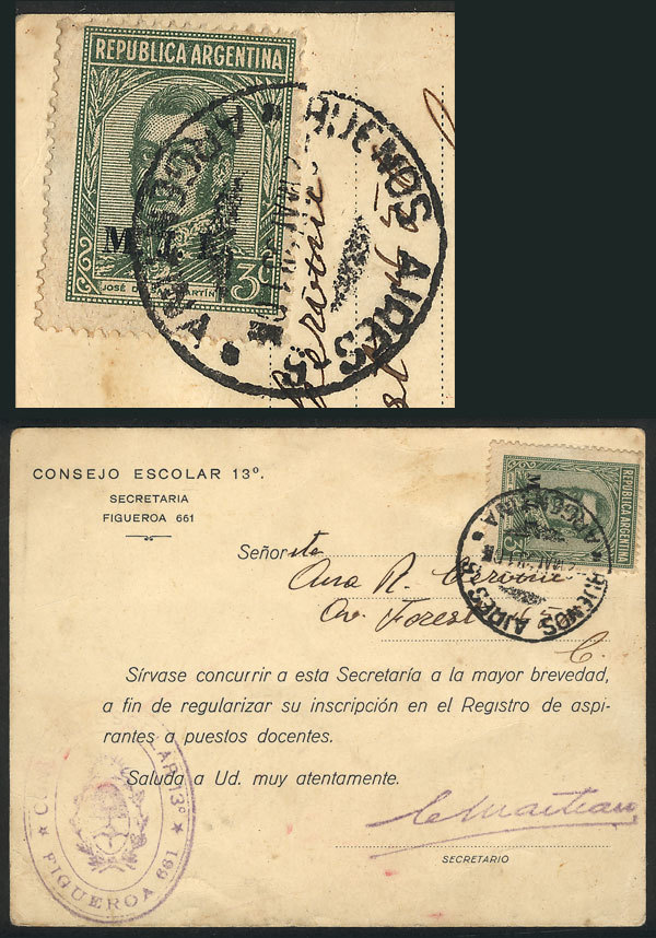 ARGENTINA GJ.507, 3c. San Martín With M.J.I. Ovpt, Franking ALONE A Card Used In - Officials