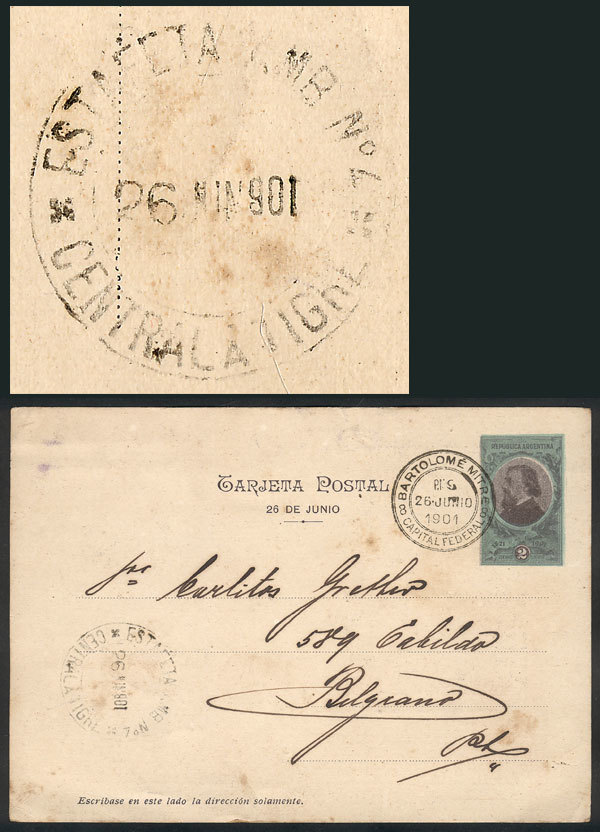 ARGENTINA "RARE RAILWAY CANCEL: 2c. Mitre Postal Card Sent To Belgrano (Buenos A - Other & Unclassified