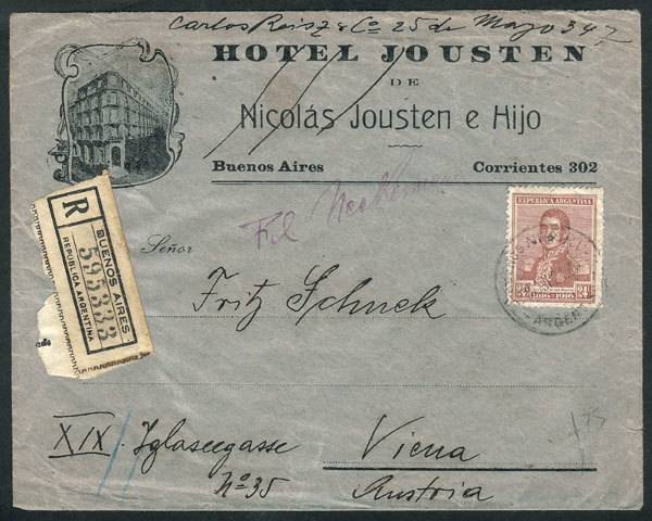 ARGENTINA Cover With Nice Corner Card Of HOTEL JOUSTEN, Franked With 24c. Centen - Other & Unclassified