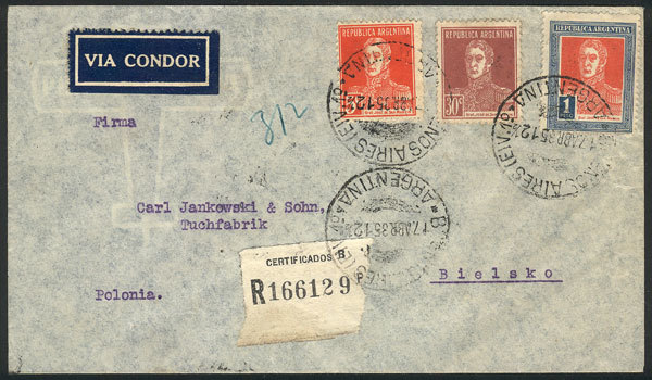 ARGENTINA 17/AP/1935 Buenos Aires - Poland: Registered Airmail Cover Franked Wit - Autres & Non Classés