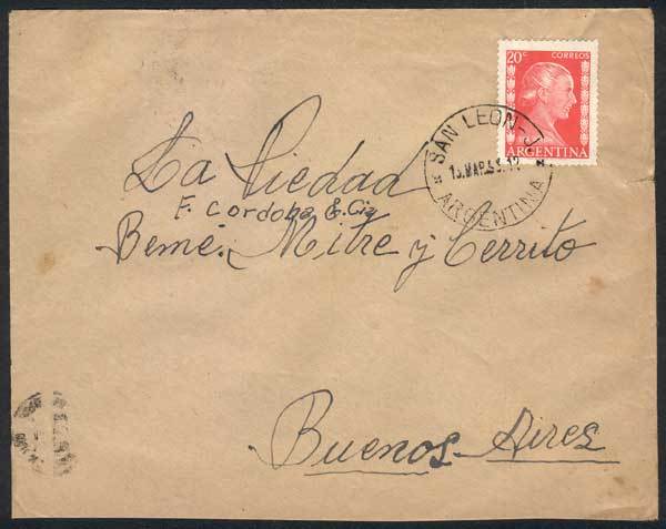 ARGENTINA Cover Franked With 20c. Eva Perón, Sent To Buenos Aires On 15/MAR/1953 - Autres & Non Classés