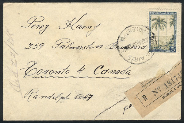 ARGENTINA Registered Airmail Cover Sent To CANADA On 28/MAR/1956, Franked With 5 - Autres & Non Classés
