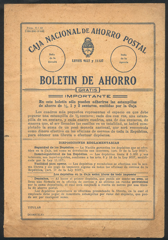 ARGENTINA Old Unused Postal Savings Card, With Minor Defects But Of Very Fine Ap - Non Classés