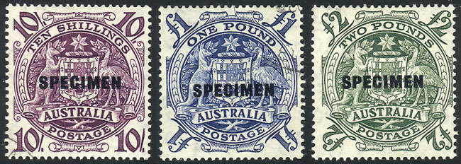 AUSTRALIA Sc.219/221, 1949/50 10S. + 1£ + 2£ With SPECIMEN Overprint. The 1£ Val - Autres & Non Classés