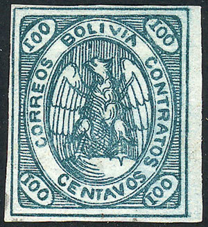 BOLIVIA Sc.8a, 1867/8 Condor 100c. Pale Green-blue, Mint Original Gum, With Guar - Bolivie