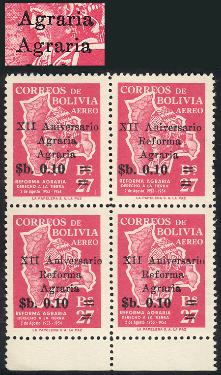 BOLIVIA "Sc.C261a, 1966 Agrarian Reform 10c. On 27B., Block Of 4, One With VARIE - Bolivien