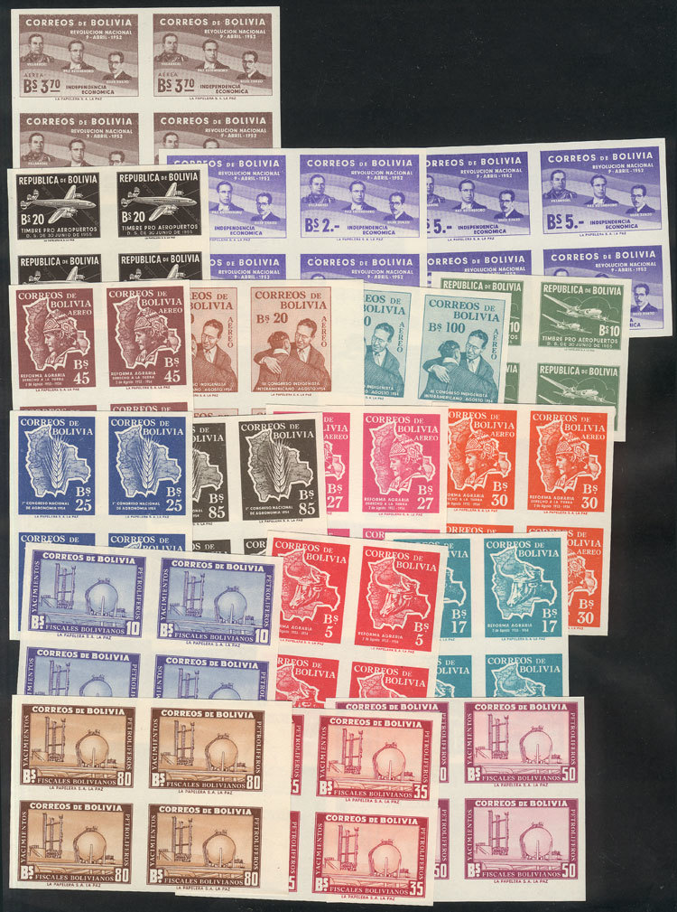 BOLIVIA 18 Different Imperforate Blocks Of 4, Very Thematic: Oil Refinery, Airpl - Bolivie