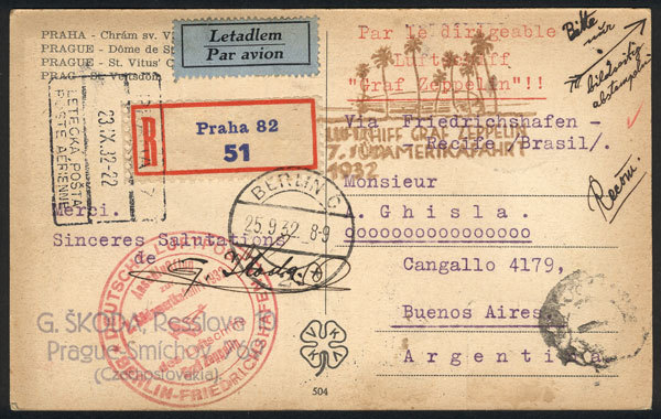 CZECHOSLOVAKIA ZEPPELIN: PC Sent To Argentina From Praha On 23/SE/32, With Rose - Lettres & Documents