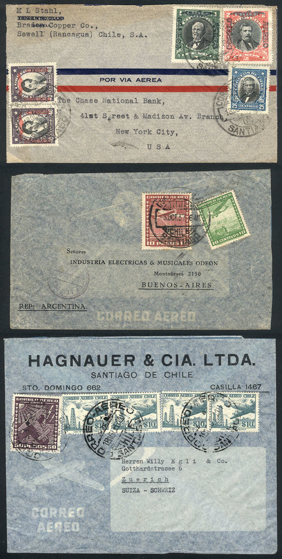 CHILE 3 Airmail Covers Sent Overseas Between 1937 And 1956, LARGE POSTAGES, Very - Chile