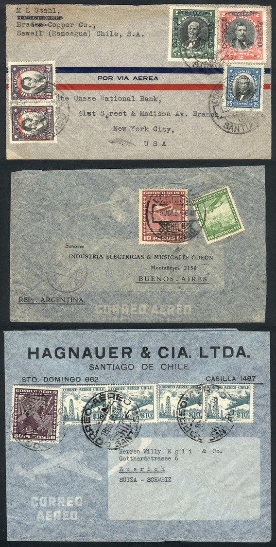 CHILE 3 Airmail Covers Sent Overseas Between 1937 And 1956, LARGE POSTAGES, Very - Chili