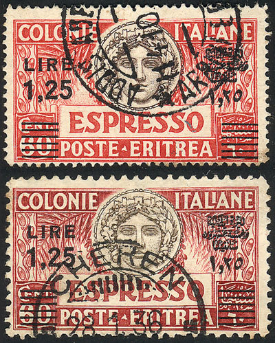 ERITREA Sc.E8b + E8c, 1927/35 1.25L. On 60c., BLACK Surcharges, Perforation 11 A - Eritrea