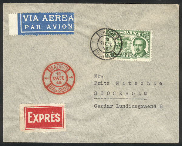 SPAIN FDC Cover Of 12/OC/1945 (Stamp Day) Sent By Airmail To Sweden, Excellent Q - Altri & Non Classificati