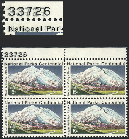 UNITED STATES Sc.1454, 15c. Mount McKinley In Alaska, Block Of 4, One Stamp With - Autres & Non Classés
