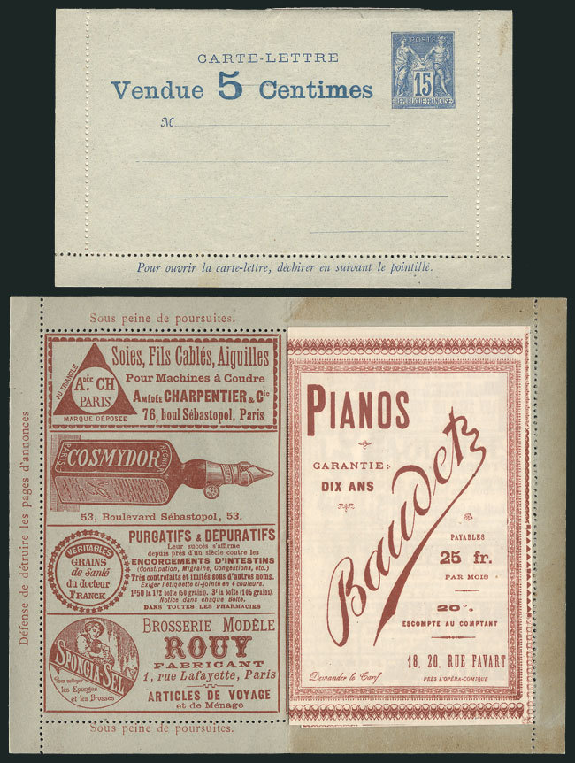 FRANCE Old 15c. Lettercard WITH ADVERTISING Inside: Wires, Ink, Medicine, Pianos - Autres & Non Classés