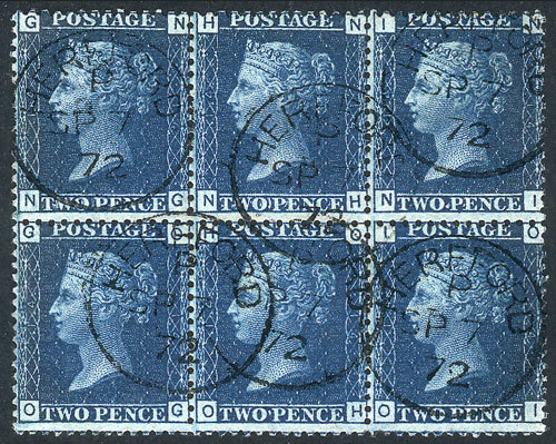 GREAT BRITAIN Sc.30 Plate 14 (SG.47), 1871 2p. Blue, Spectacular Block Of 6 Used - Other & Unclassified