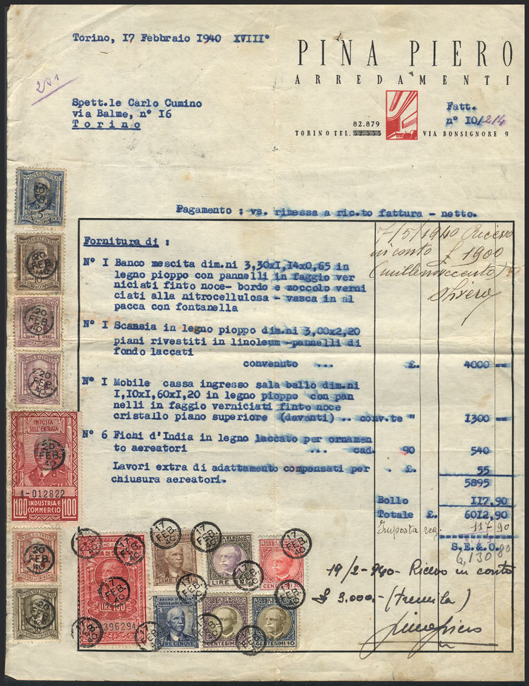 ITALY Very Nice Revenue Stamps (including High Values) On A Document Of The Year - Fiscales