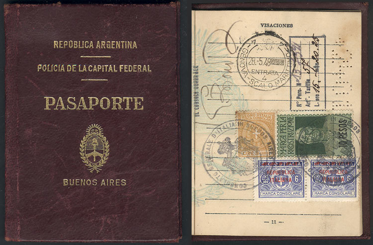 ITALY 4 Interesting Consular Stamps On An Argentine Passport Of 1948, Rare! - Fiscaux