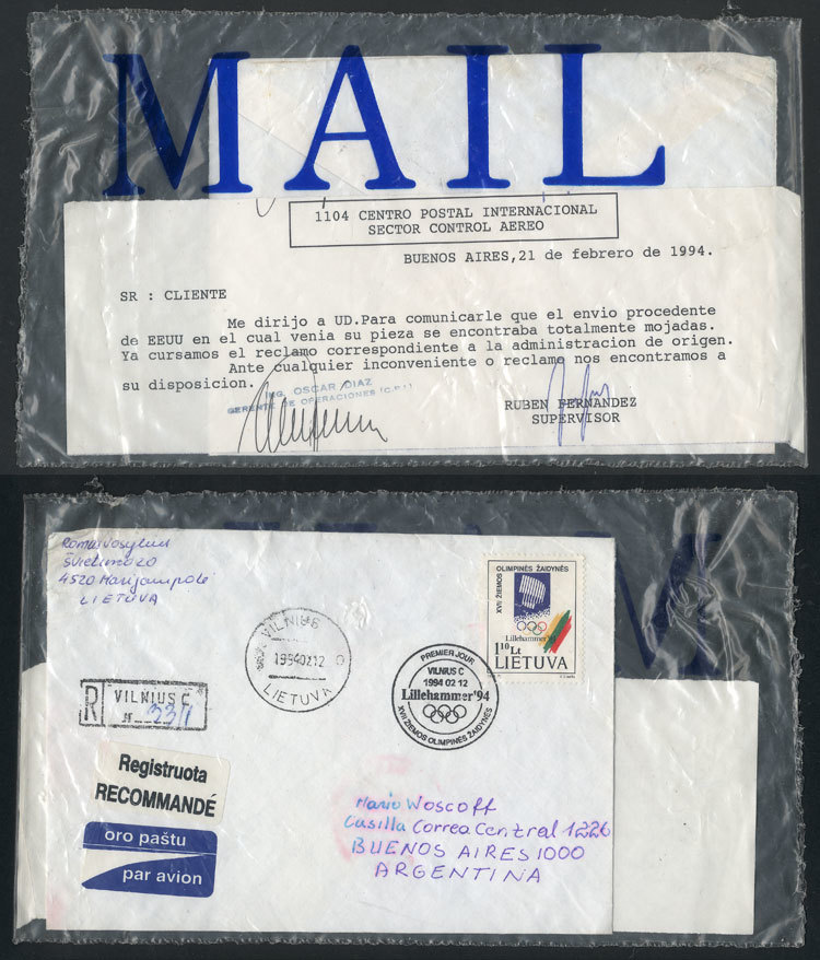 LITHUANIA "COVER DAMAGED IN TRANSIT: Registered Airmail Cover Sent To Argentina - Lituania