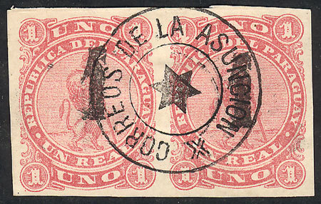 PARAGUAY Sc.19, 1884 1c. On 1R. Rose, Beautiful Used Pair, VF Quality! - Paraguay