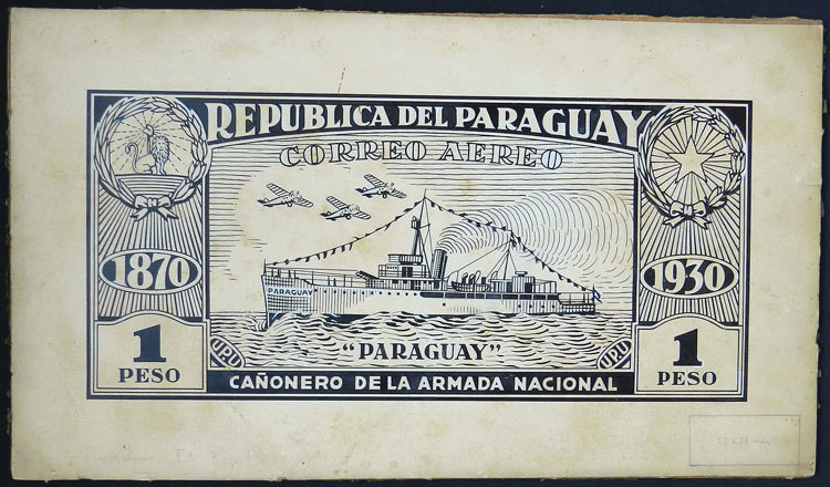 PARAGUAY Sc.C40, 1930 1P. Battleship (gunboat) Paraguay, Original Artist's Desig - Paraguay