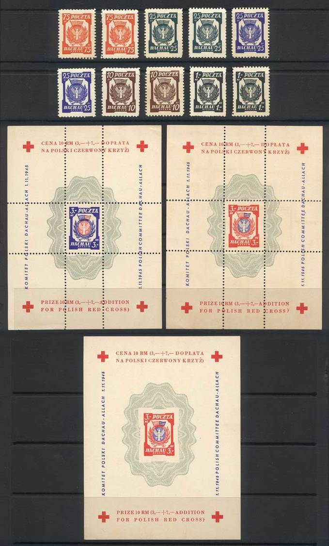 POLAND DACHAU: 3 Souvenir Sheets And 2 Sets Of Stamps Of The Year 1945, Red Cros - Other & Unclassified