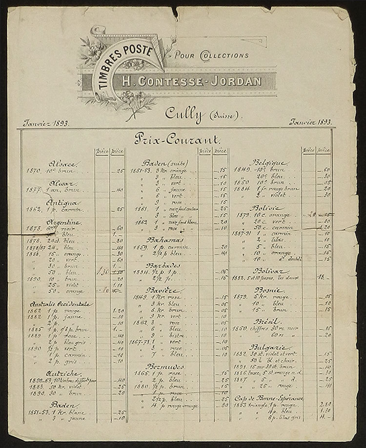 SWITZERLAND January 1893, Price List Of Postal Stamps By H.Contesse-Jordan, Of C - Non Classés