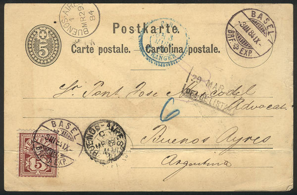 SWITZERLAND 5c. Postal Card Uprated With 5c., Sent From Basel To Buenos Aires On - Autres & Non Classés