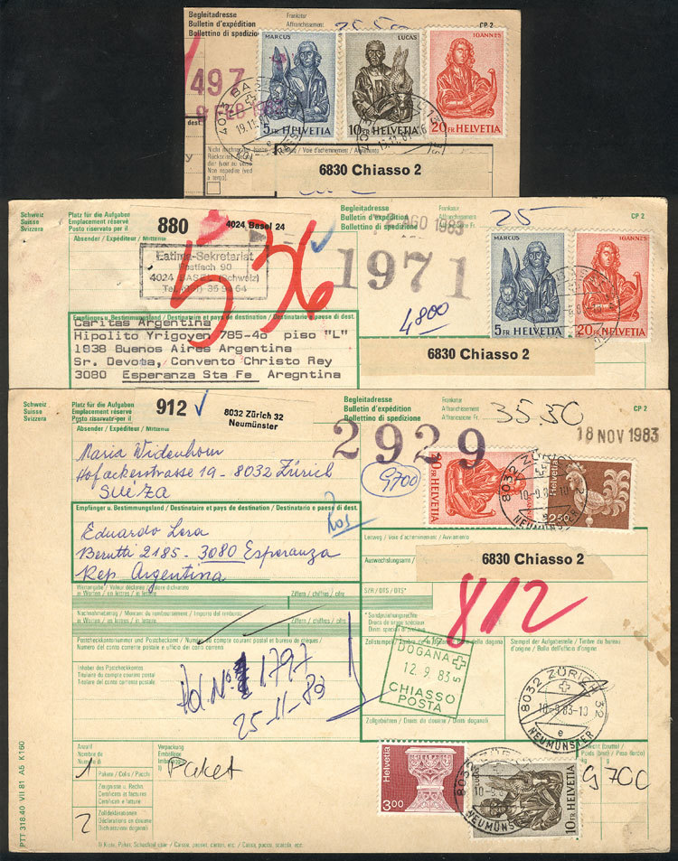 SWITZERLAND 2 Parcel Despatch Notes With Spectacular Postages, Very Nice. The Lo - Autres & Non Classés