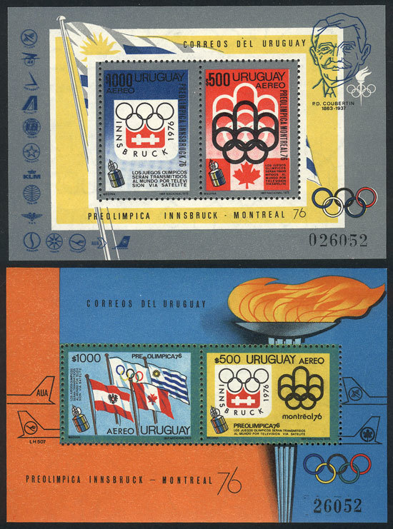 URUGUAY Sc.C406/7, 1975 Olympic Games, Set Of 5 Souvenir Sheets Of Excellent Qua - Uruguay
