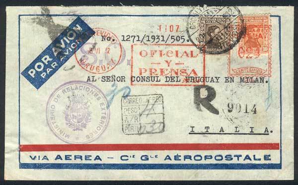 URUGUAY "Air Mail Cover Sent To Italy On 3/JUN/1932 By Cie Generale Aeropostale - Uruguay