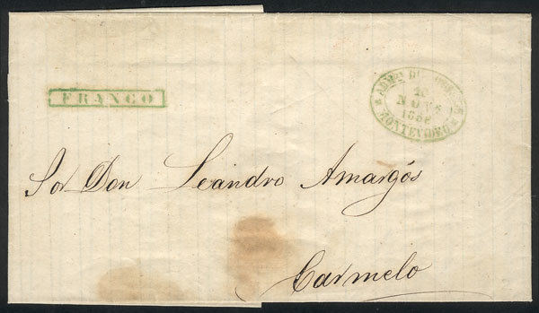 URUGUAY Entire Letter Sent From Montevideo To Carmelo On 10/NO/1856, With Framed - Uruguay